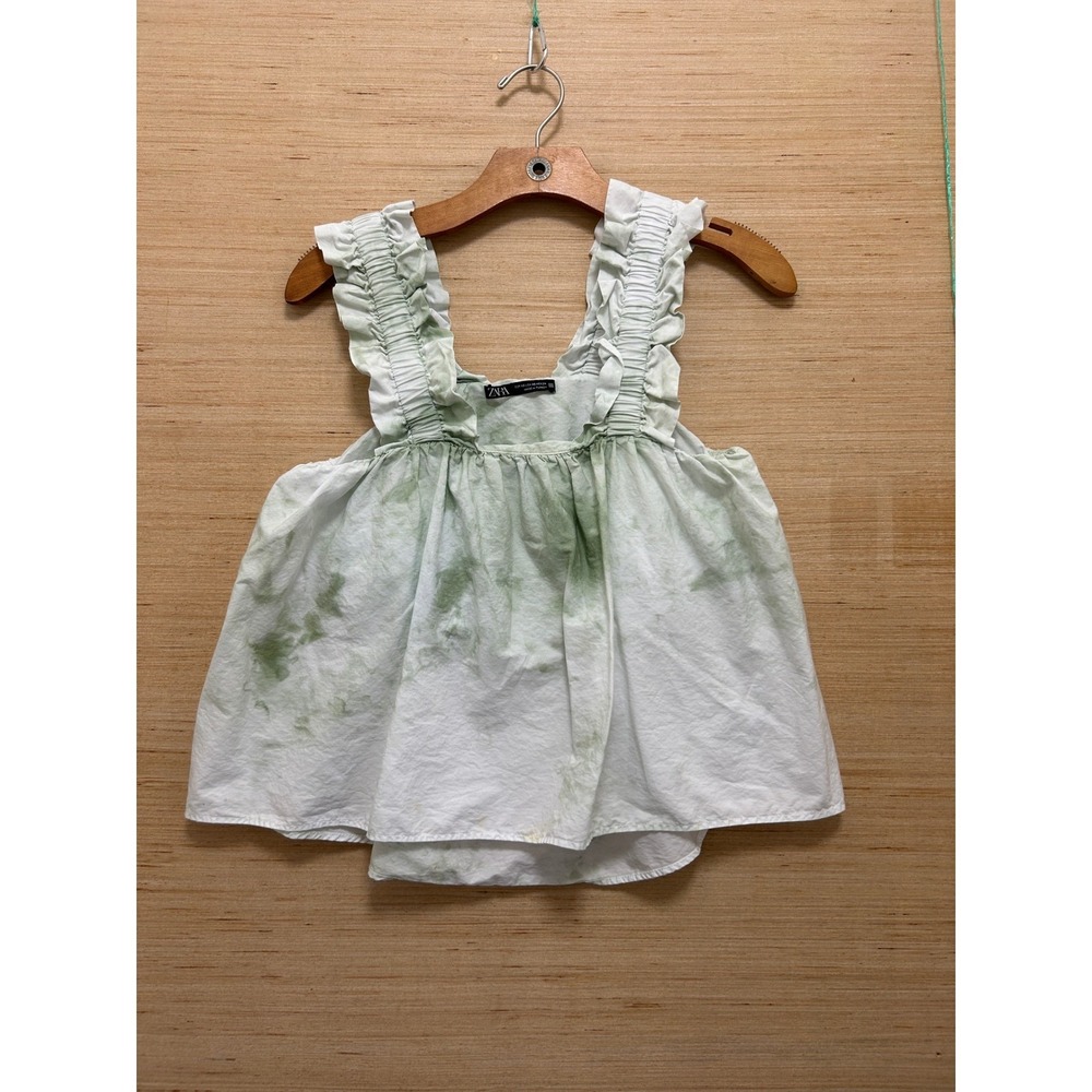 Zara Green Tie Dye Ruffle Strap Babydoll Tank Top XS White Cotton Poplin